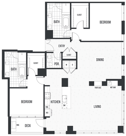 Floor plan for 2 beds, 2 baths, 1277 sqft